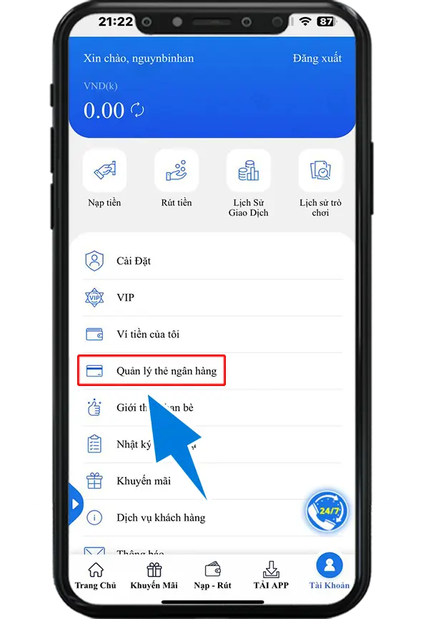 Bước 2 : Chọn Quản lý thẻ ngân hàng